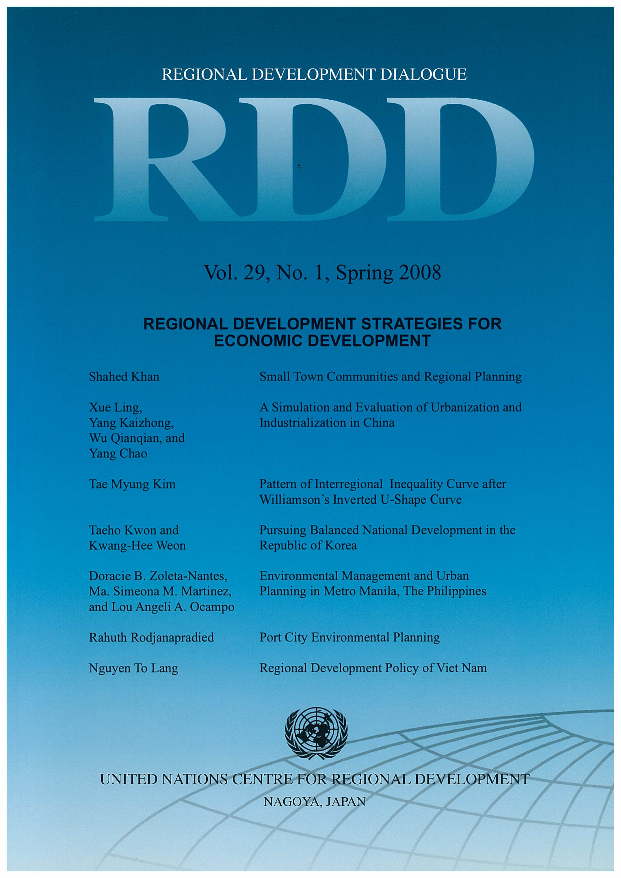 Cover of Regional Development Dialogue (RDD), Vol. 29, No. 1, Spring 2008