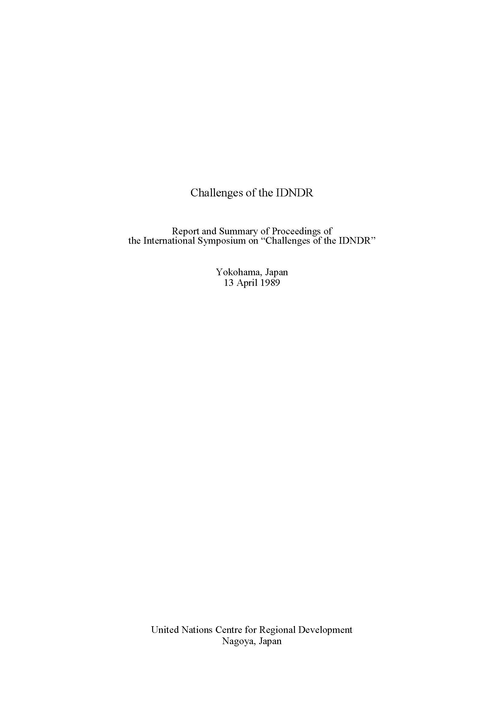 Cover of the Report and Summary of Proceedings of the International Symposium on "Challenges of the 